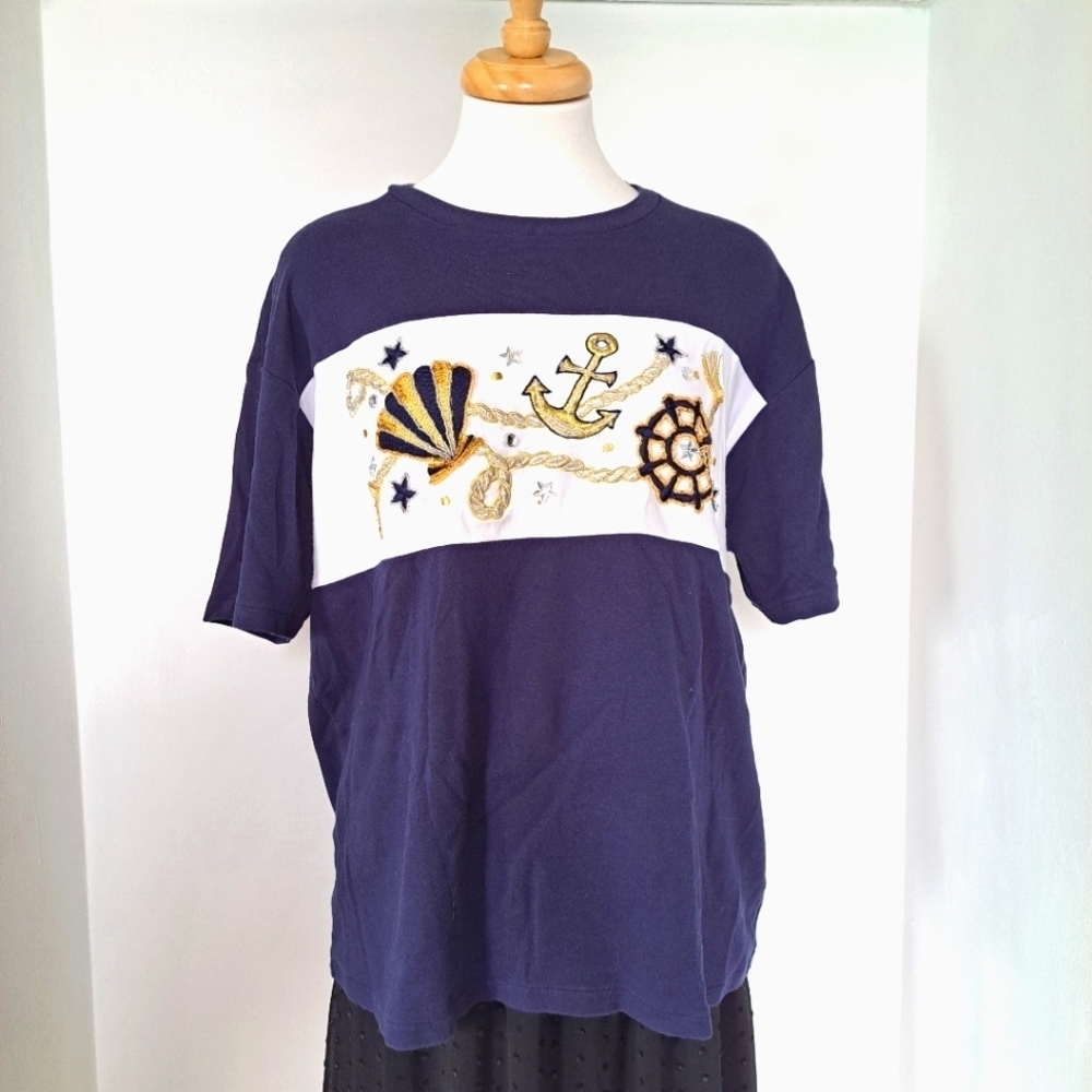 I.B. Diffusion | Blue & white embroidered sailing graphics with rhinestones